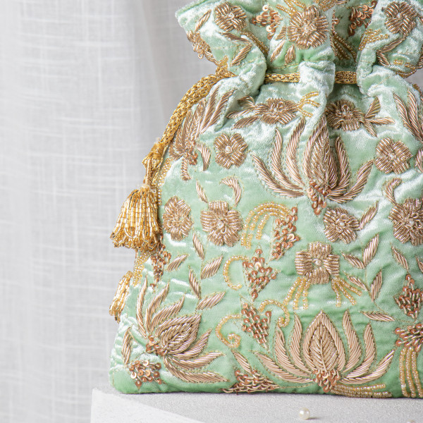 Mint Green Zardozi Embroidered Velvet Lotus Potli Bag