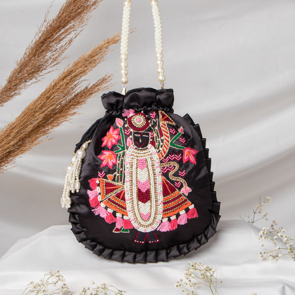 Image of Black  Shrinath Ji Ethnic Potli Bag | Festive Wedding Wristlet in