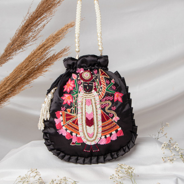 Black  Shrinath Ji Ethnic Potli Bag | Festive Wedding Wristlet in