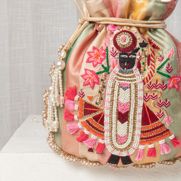 Multicolor Satin Silk Hand-Embroidered Shrinathji Potli Bag with Pearl Handle & Tassels
