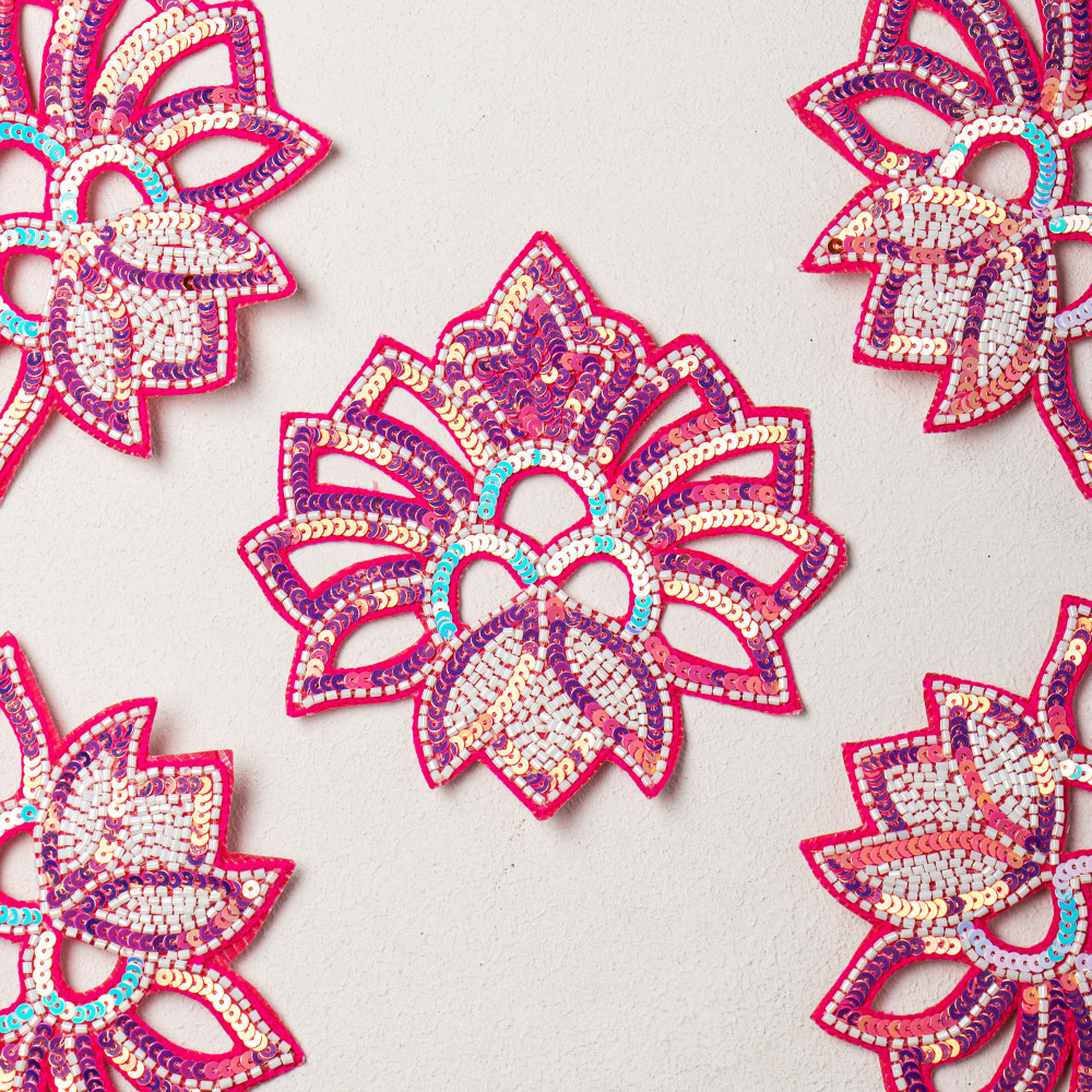 Image of Premium Designer Lotus Embroidery Patch – Sequin &amp; Katdana Handcrafted Motif for Bridal Wear, Couture Outfits, DIY Fashion &amp; Craft Projects (Size: 6 cm x 6.2 cm)(PAIR)