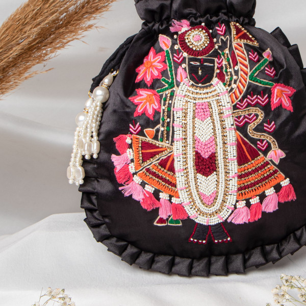 Black  Shrinath Ji Ethnic Potli Bag | Festive Wedding Wristlet in