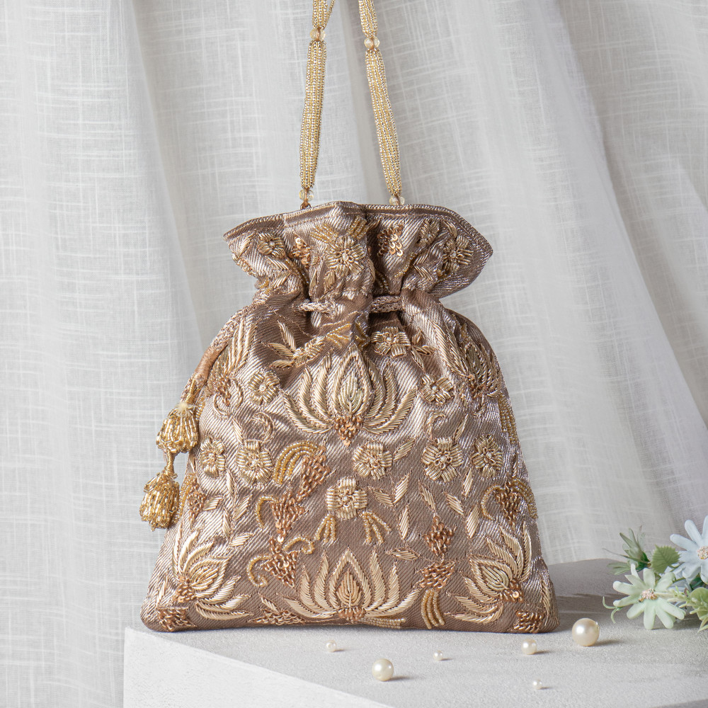 Image of Copper Gold Zardozi Embroidered Tissue Lotus Potli Bag