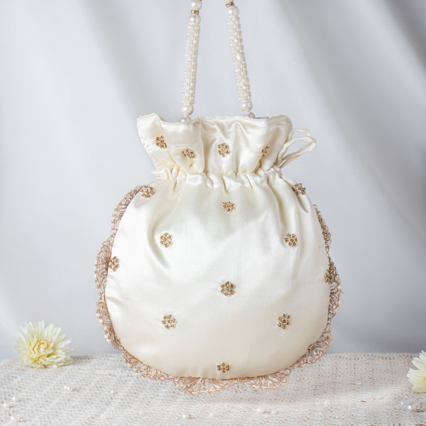 Pearl-Encrusted Ivory Satin Potli Bag – Hand-Beaded Luxe Bridal Pouch ✨?
