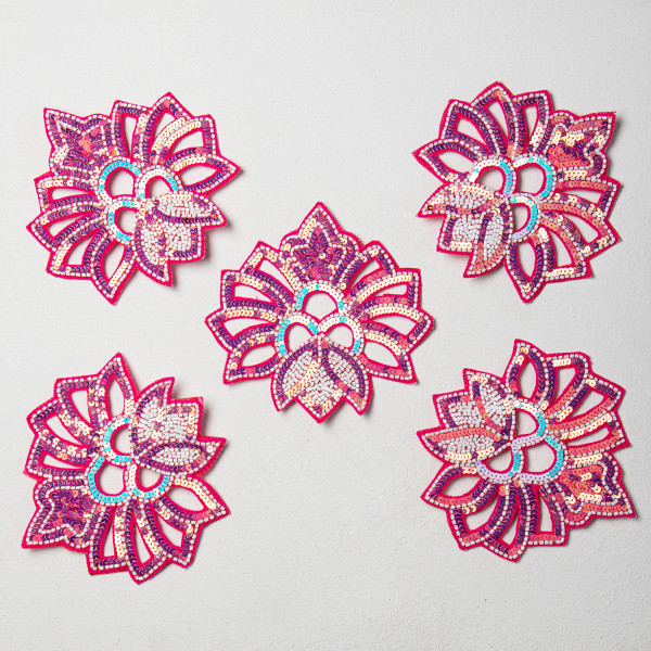 Premium Designer Lotus Embroidery Patch – Sequin & Katdana Handcrafted Motif for Bridal Wear, Couture Outfits, DIY Fashion & Craft Projects (Size: 6 cm x 6.2 cm)(PAIR)