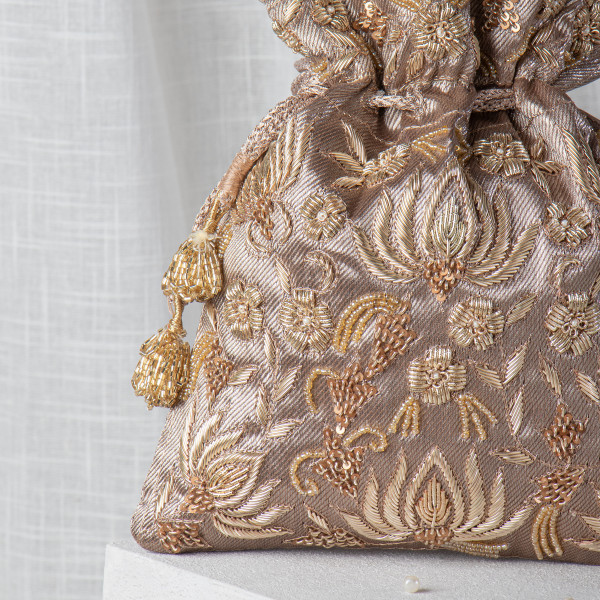 Copper Gold Zardozi Embroidered Tissue Lotus Potli Bag