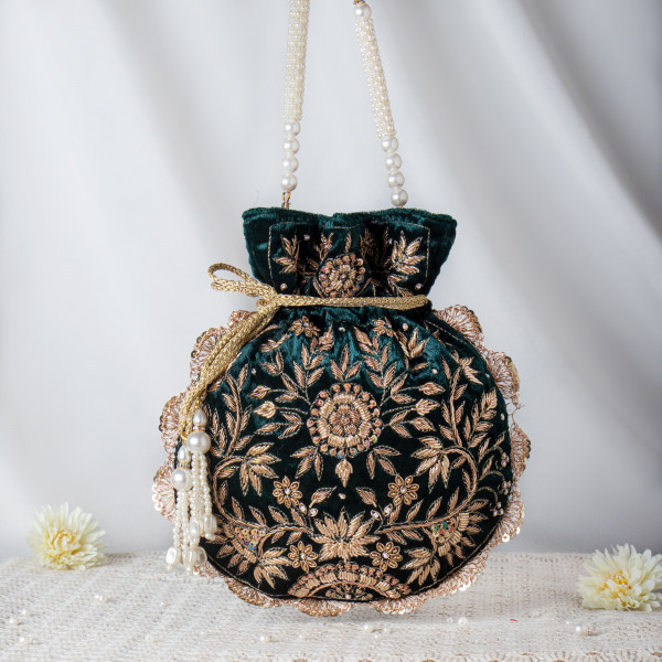 Royal Bottle Green Velvet Potli Bag with Handcrafted Zardosi Embroidery ?✨