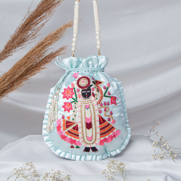 Sky Blue  Shrinath Ji Ethnic Potli Bag | Festive Wedding Wristlet in