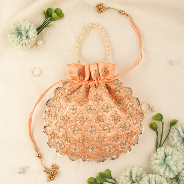 Indian Hand Crafted Zardozi Work Potli Bag With Beaded Chain For Women|| Evening Bags|| Embroidery Handbag
