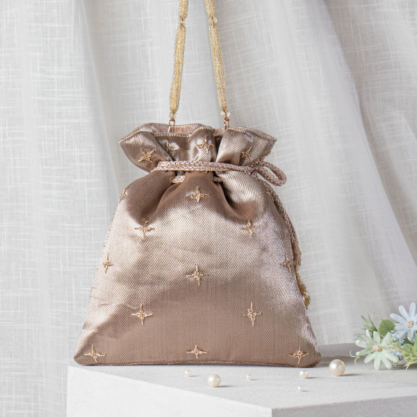Copper Gold Zardozi Embroidered Tissue Lotus Potli Bag