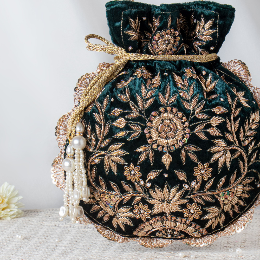 Image of Royal Bottle Green Velvet Potli Bag with Handcrafted Zardosi Embroidery ?✨