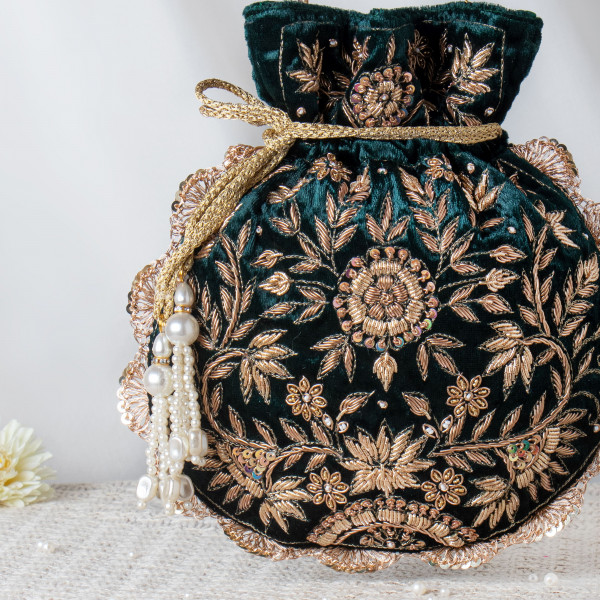 Royal Bottle Green Velvet Potli Bag with Handcrafted Zardosi Embroidery ?✨