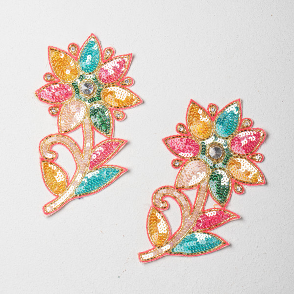 Handcrafted Multicolor Floral Sequins & Katdana Embroidery Patch – Premium Designer Applique for Bridal, Ethnic, Indo-Western & DIY Fashion Projects (Size: 18.5 cm × 11.5 cm)(PAIR)