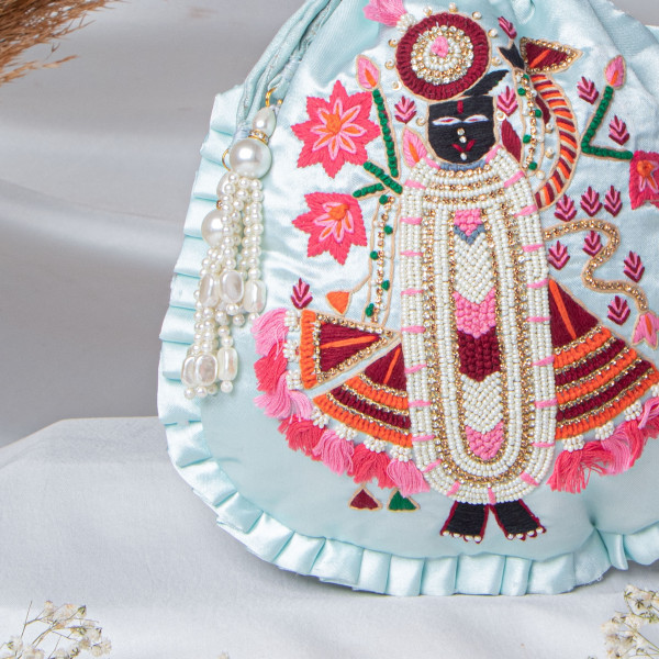 Sky Blue  Shrinath Ji Ethnic Potli Bag | Festive Wedding Wristlet in