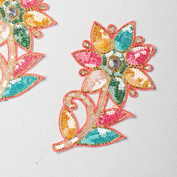 Handcrafted Multicolor Floral Sequins & Katdana Embroidery Patch – Premium Designer Applique for Bridal, Ethnic, Indo-Western & DIY Fashion Projects (Size: 18.5 cm × 11.5 cm)(PAIR)