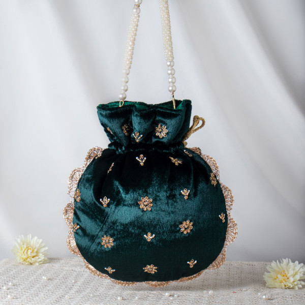 Royal Bottle Green Velvet Potli Bag with Handcrafted Zardosi Embroidery ?✨