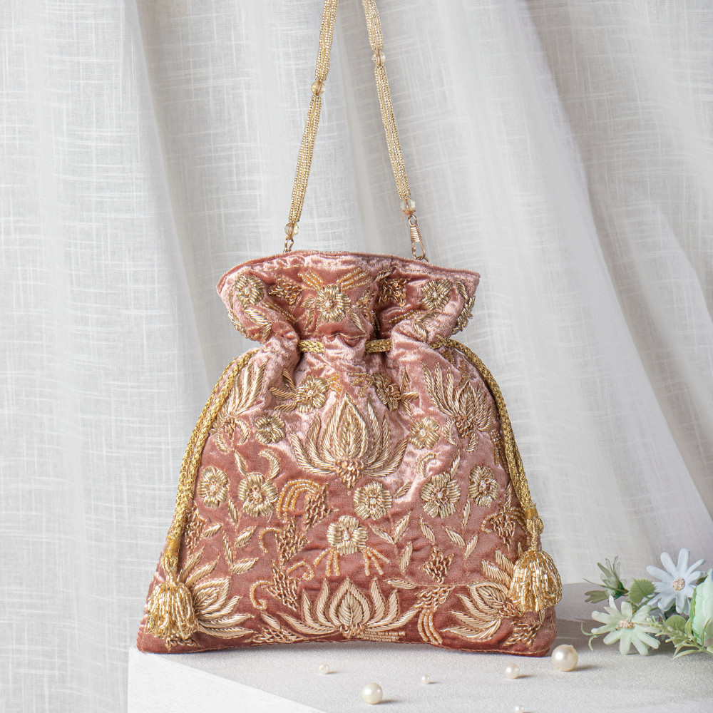 Image of Old Rose Zardozi Embroidered Velvet Lotus Potli Bag