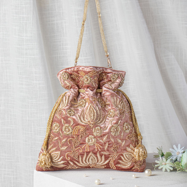 Old Rose Zardozi Embroidered Velvet Lotus Potli Bag