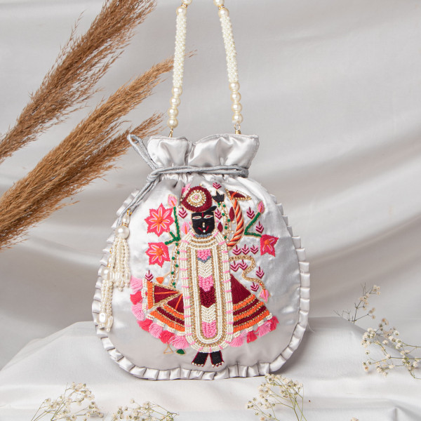 Grey  Shrinath Ji Ethnic Potli Bag | Festive Wedding Wristlet in Satin Silk