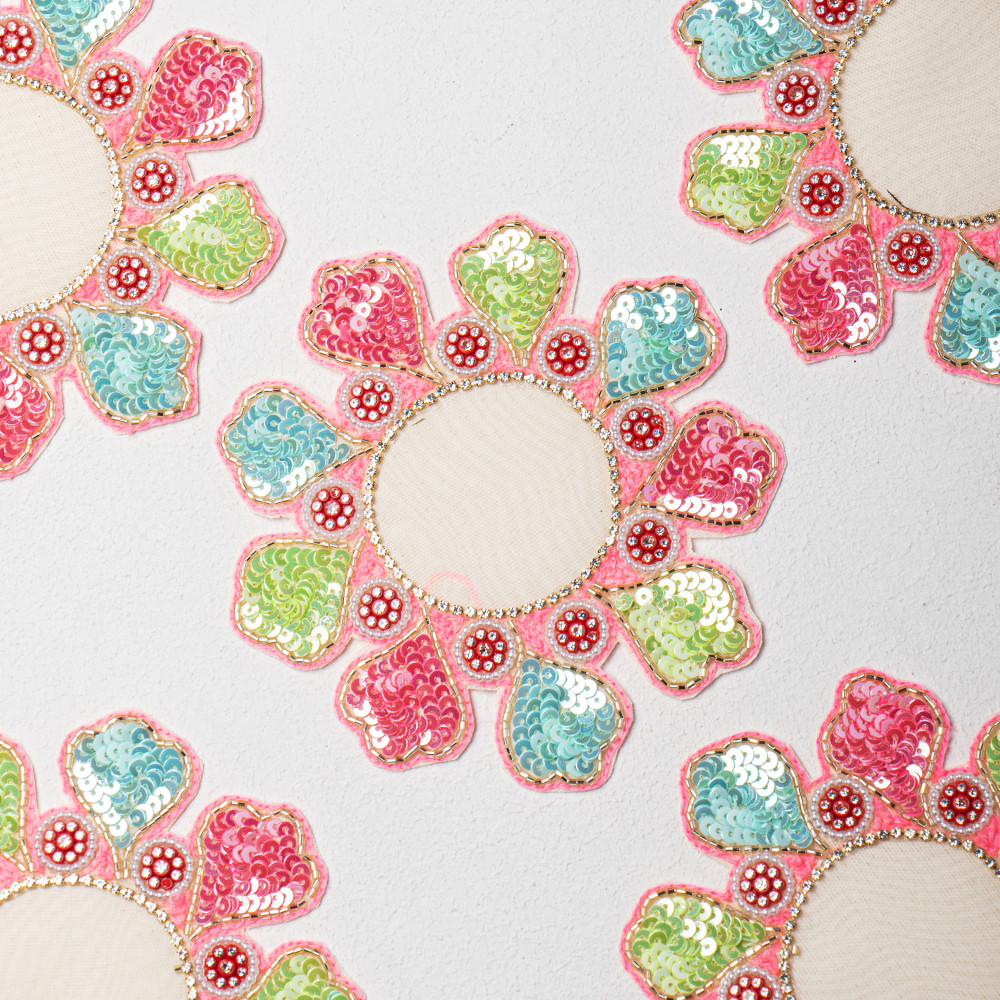 Image of Premium Multicolor Floral Sequin, Katdana &amp; Stone Embellished Embroidery Patch / Toran Base / DIY Craft Applique – Handcrafted Designer Motif (Size: 14.1 cm × 14.1 cm)(SET OF 6)