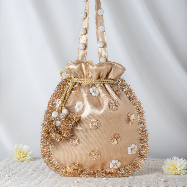 Golden Tissue Zari Potli Bag | Shimmering Wedding Pouch