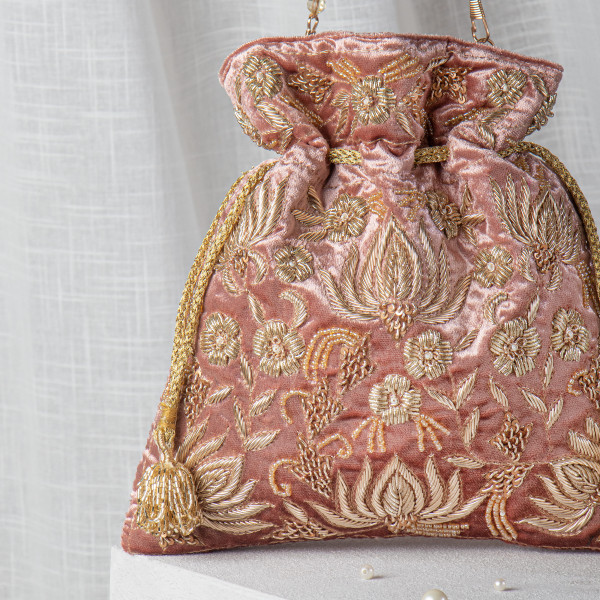 Old Rose Zardozi Embroidered Velvet Lotus Potli Bag