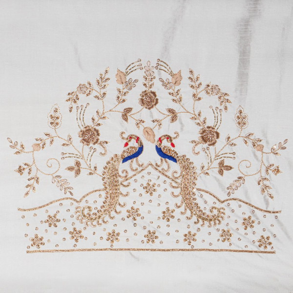 Off-White Hand Zardozi Peacock Embroidery Blouse Fabric (1 Meter)