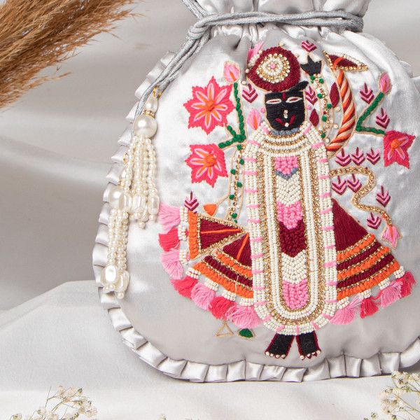Grey  Shrinath Ji Ethnic Potli Bag | Festive Wedding Wristlet in Satin Silk