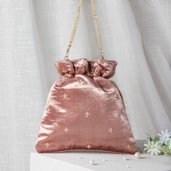 Old Rose Zardozi Embroidered Velvet Lotus Potli Bag