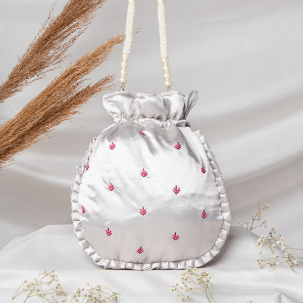 Grey  Shrinath Ji Ethnic Potli Bag | Festive Wedding Wristlet in Satin Silk