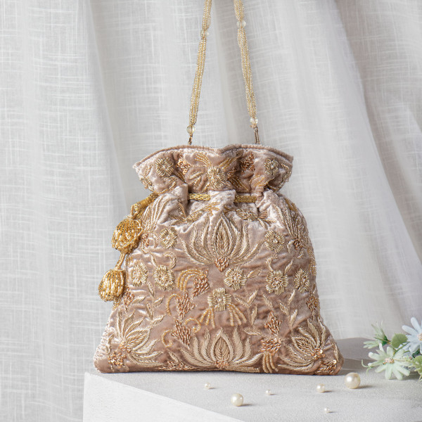 Nude Zardozi Embroidered Velvet Lotus Potli Bag