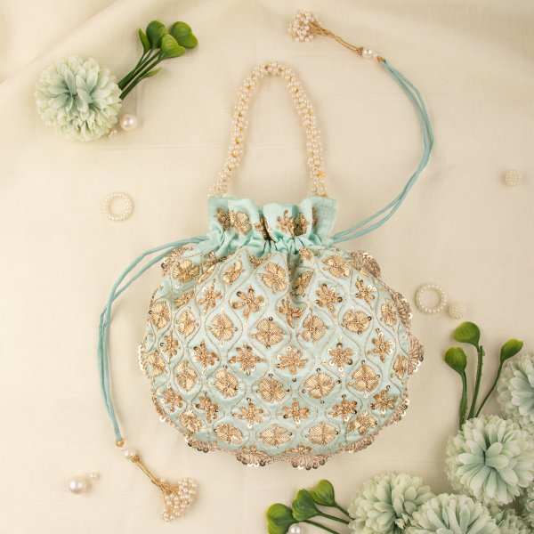 Indian Hand Crafted Zardozi Work Potli Bag With Beaded Chain For Women|| Evening Bags|| Embroidery Handbag