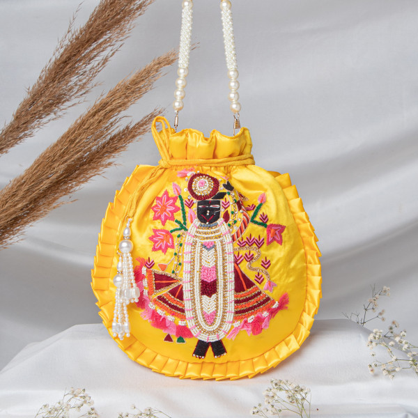Yellow  Shrinath Ji Ethnic Potli Bag | Festive Wedding Wristlet in Satin Silk