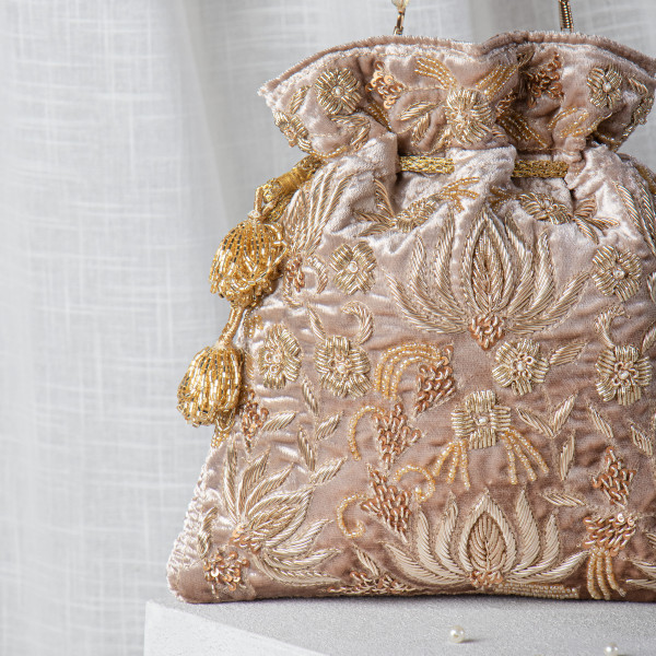 Nude Zardozi Embroidered Velvet Lotus Potli Bag