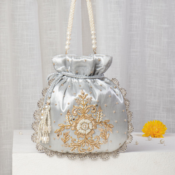 Silver Metallic Tissue Zardosi Potli
