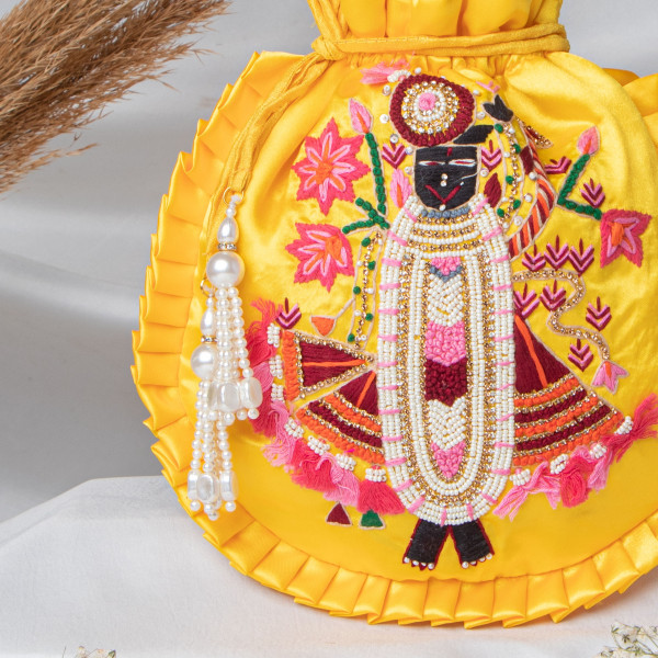 Yellow  Shrinath Ji Ethnic Potli Bag | Festive Wedding Wristlet in Satin Silk