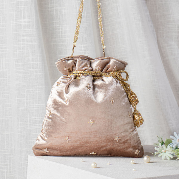 Nude Zardozi Embroidered Velvet Lotus Potli Bag