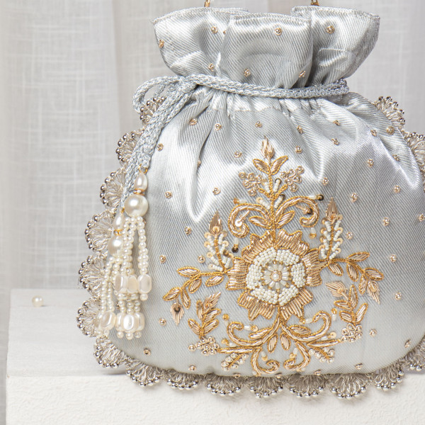 Silver Metallic Tissue Zardosi Potli