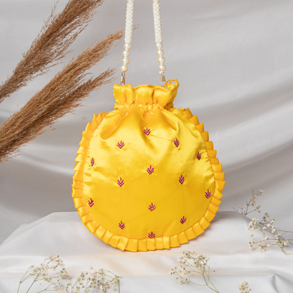 Yellow  Shrinath Ji Ethnic Potli Bag | Festive Wedding Wristlet in Satin Silk