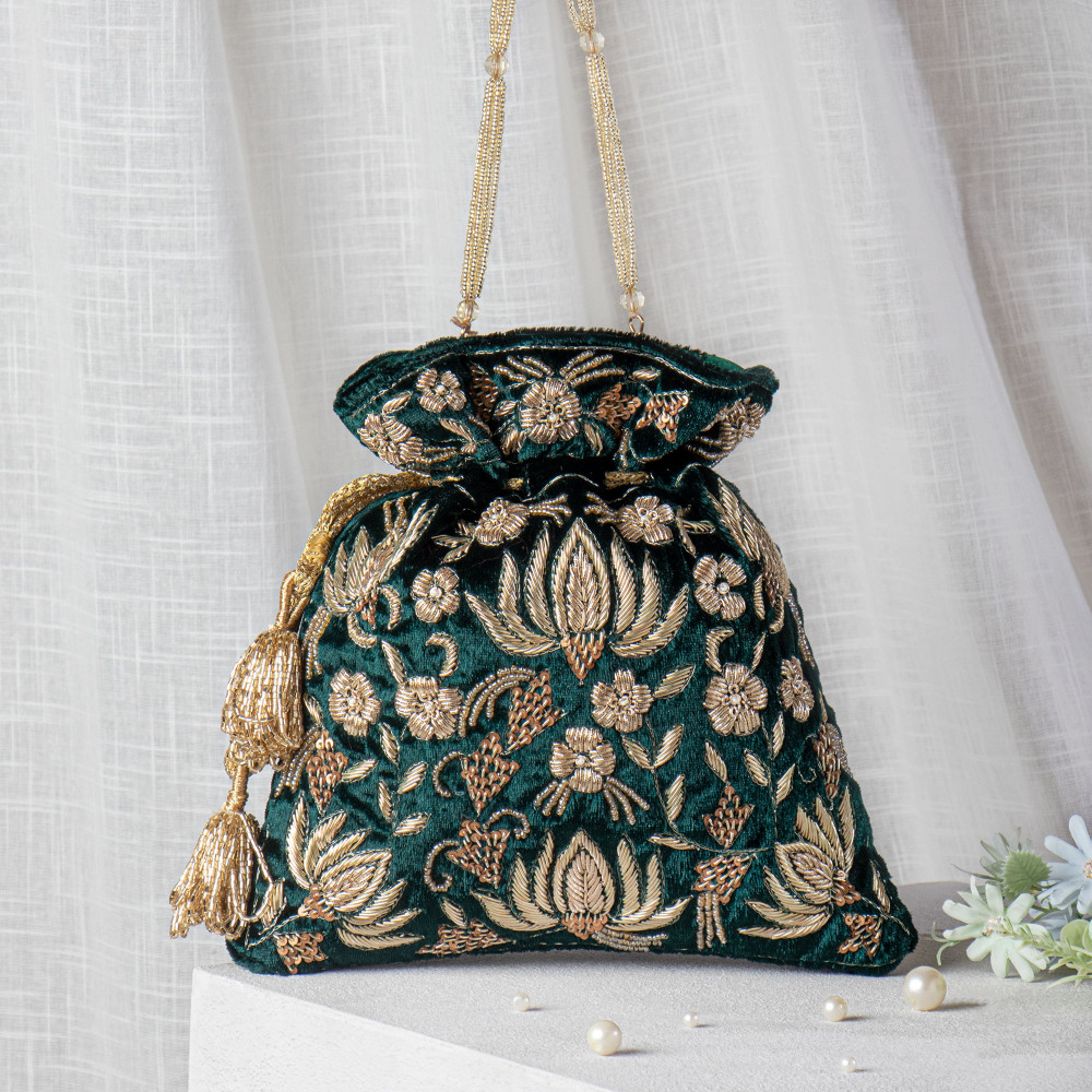 Image of Bottle Green Zardozi Embroidered Velvet Lotus Potli Bag