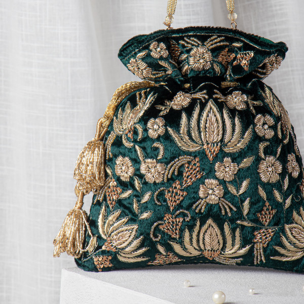Bottle Green Zardozi Embroidered Velvet Lotus Potli Bag