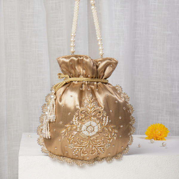 Golden Bronze Tissue Zardosi Potli