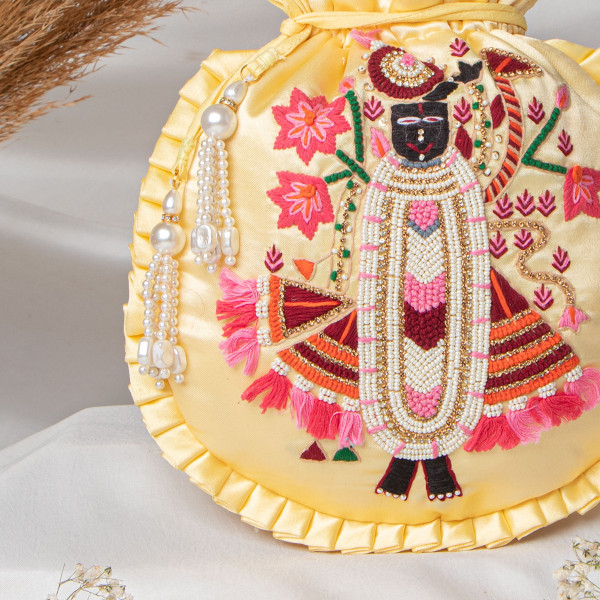 Lemon Yellow  Shrinath Ji Ethnic Potli Bag | Festive Wedding Wristlet in Satin Silk