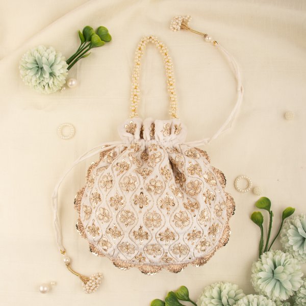Indian Hand Crafted Zardozi Work Potli Bag With Beaded Chain For Women|| Evening Bags|| Embroidery Handbag