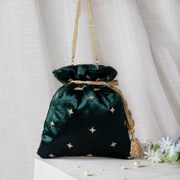 Bottle Green Zardozi Embroidered Velvet Lotus Potli Bag