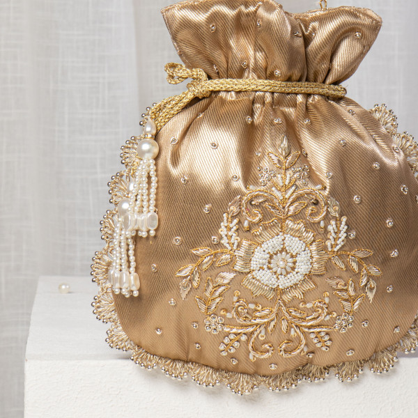 Golden Bronze Tissue Zardosi Potli