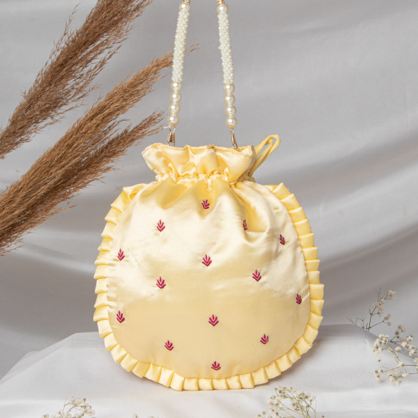 Lemon Yellow  Shrinath Ji Ethnic Potli Bag | Festive Wedding Wristlet in Satin Silk