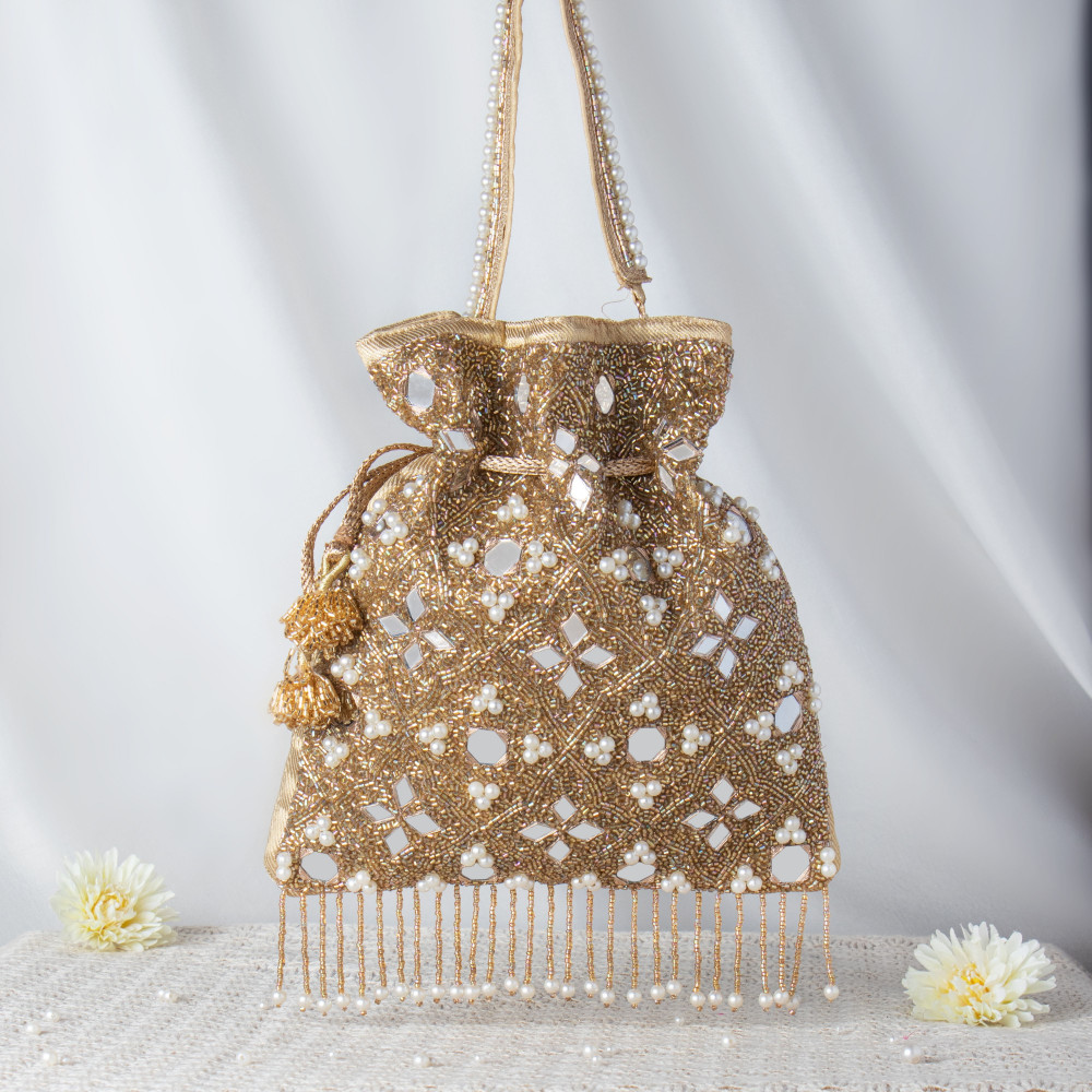 Image of Luminous Golden Mirror Work Potli Bag with Pearl Fringes and Beaded Handle ✨??