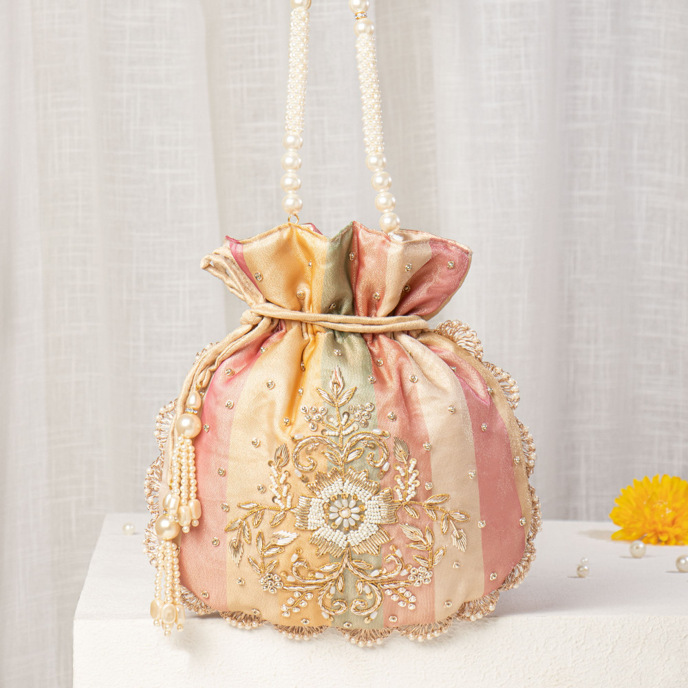 Image of Multicolor Pastel Striped Zardosi Potli