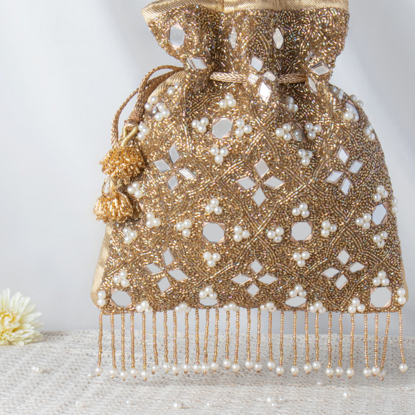 Luminous Golden Mirror Work Potli Bag with Pearl Fringes and Beaded Handle ✨??